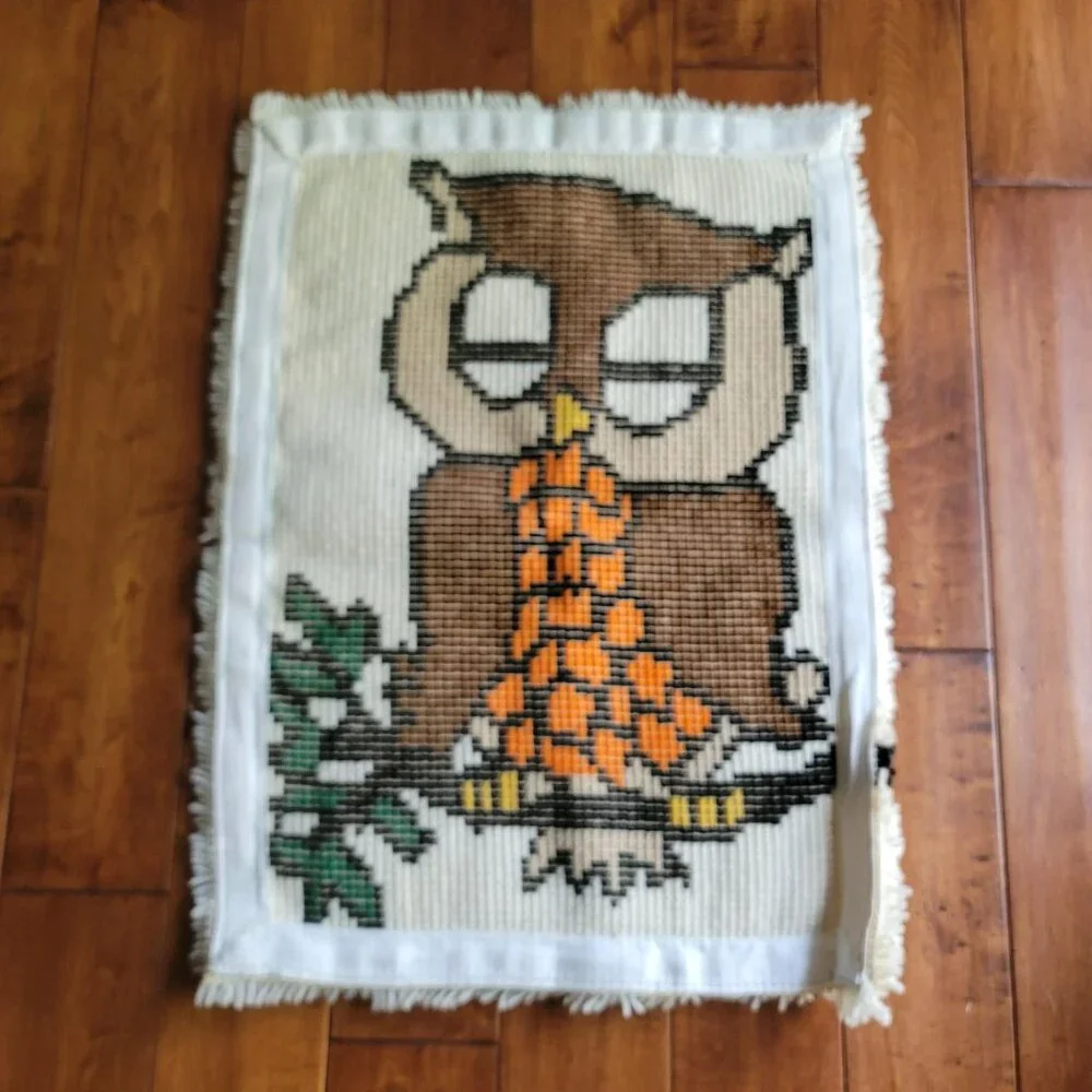 Vintage Owl Latch Hook Wall Hanging Rug 20 x 27.5 Sleeping Owl on Branch